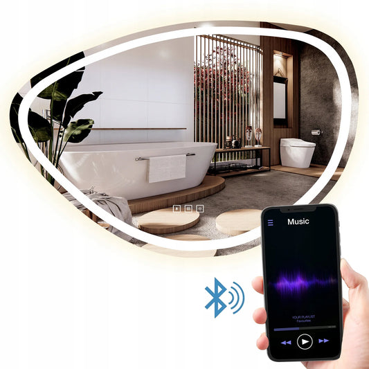 Asimetriškas vonios veidrodis su LED apšvietimu FOG, Bluetooth, 70x100 cm
