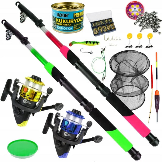 Atilo žvejybos rinkinys: 2 meškerės, 2 ritės ir Jaxon masalas plūdinei bei spininginei žvejybai