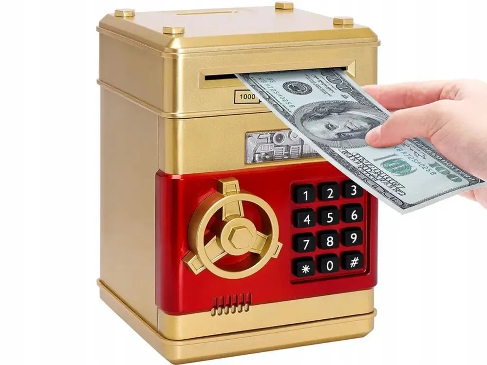 Auksinė interaktyvi taupyklė-seifas su PIN kodu, bankomatas banknotams ir monetoms