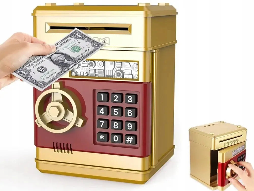 Auksinė interaktyvi taupyklė-seifas su PIN kodu, bankomatas banknotams ir monetoms