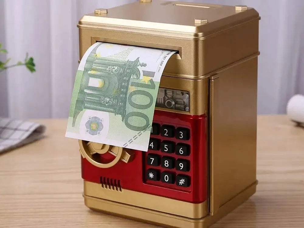 Auksinė interaktyvi taupyklė-seifas su PIN kodu, bankomatas banknotams ir monetoms
