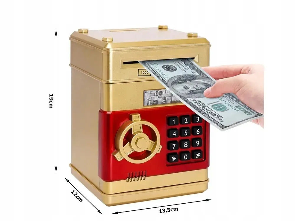 Auksinė interaktyvi taupyklė-seifas su PIN kodu, bankomatas banknotams ir monetoms