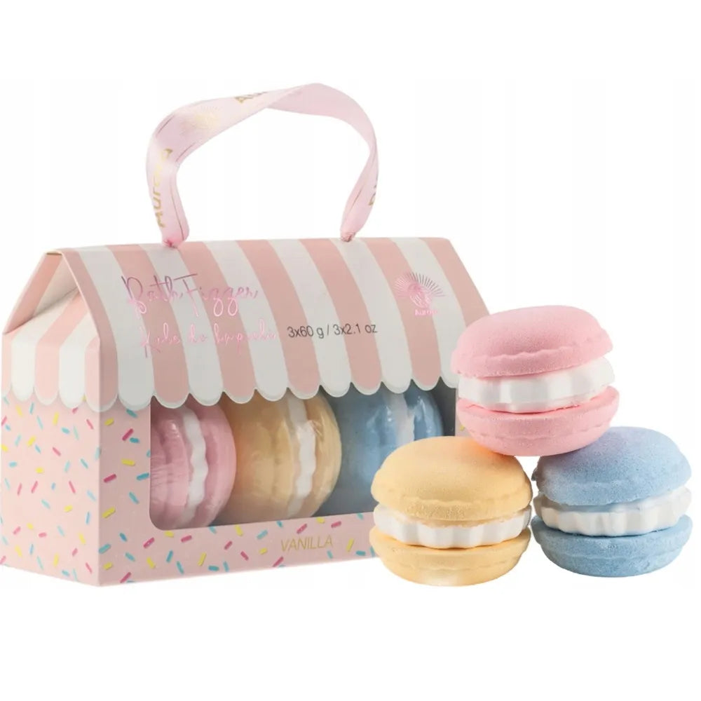 Aurora dovanų rinkinys – putojančios vonios bombos Macarons, 3x60g
