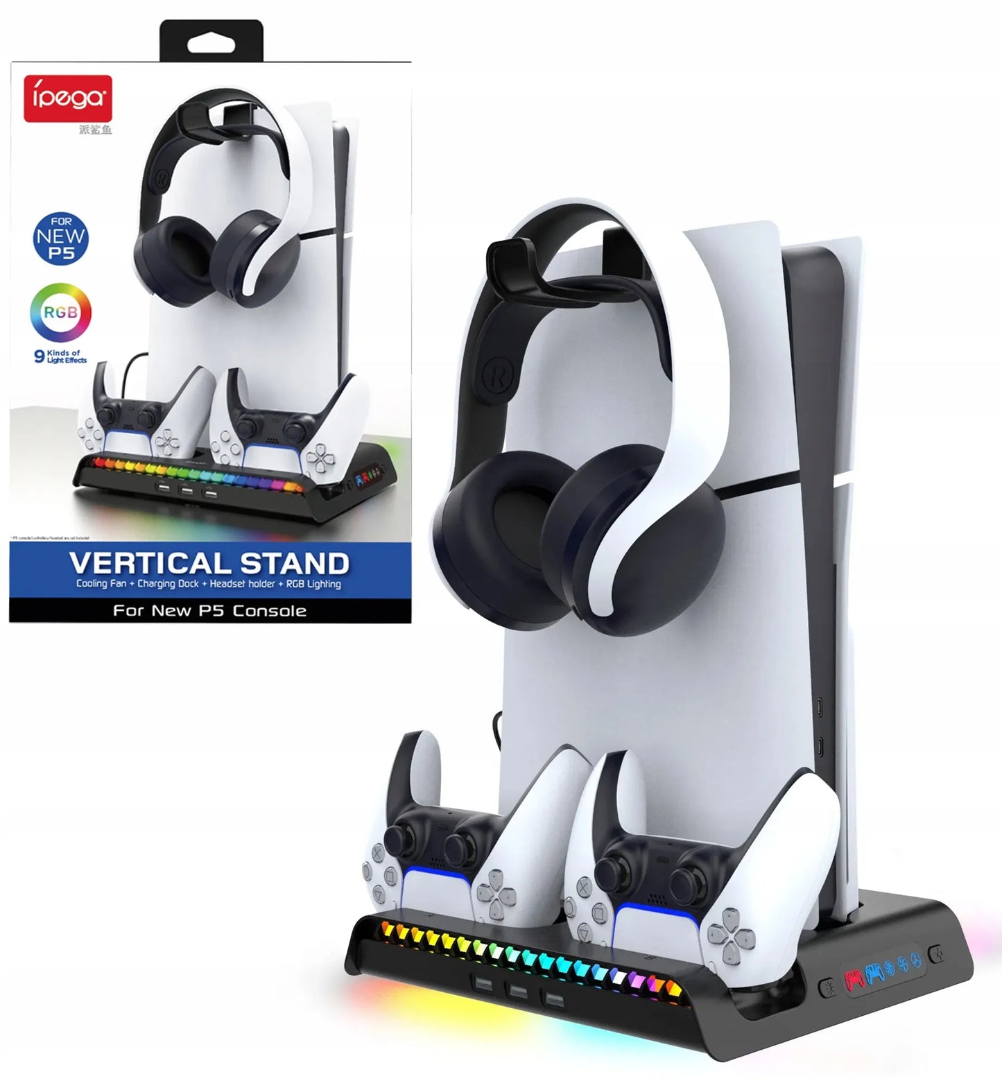 Aušinimo stotelė RGB stovas Sony PS5 Slim ausinėms ir pultelių įkrovimui
