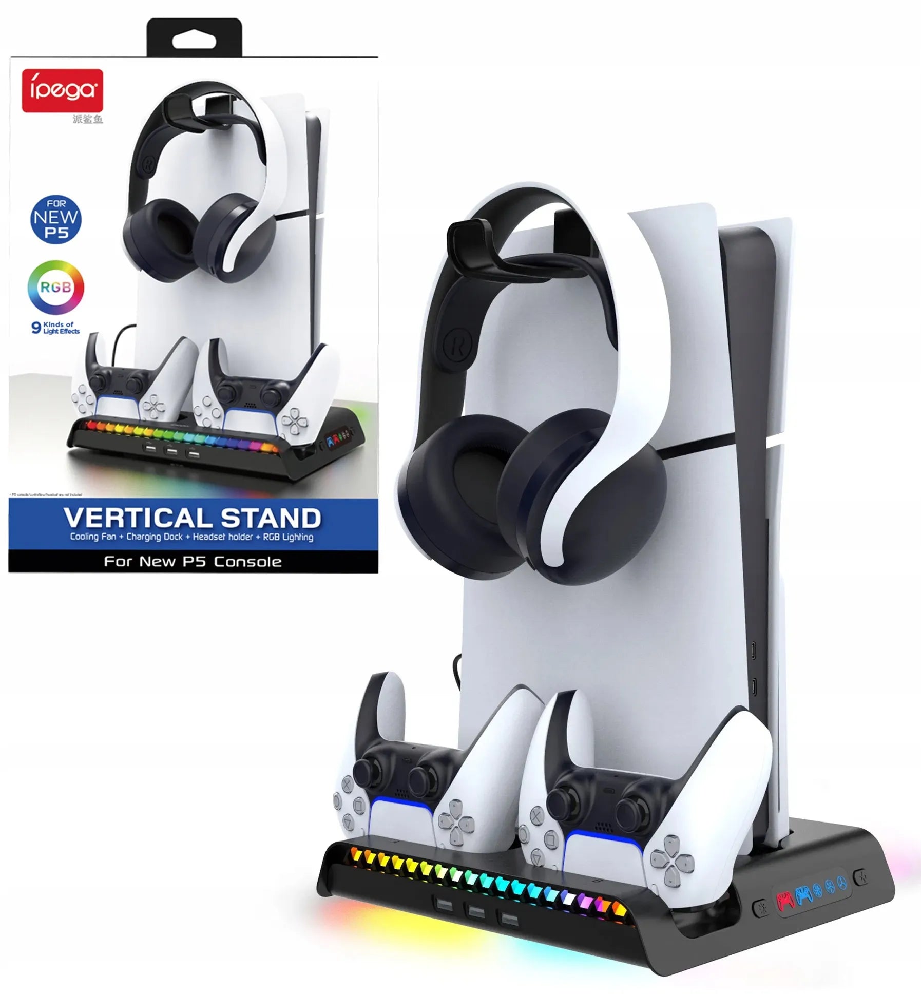 Aušinimo stotelė RGB stovas Sony PS5 Slim ausinėms ir pultelių įkrovimui