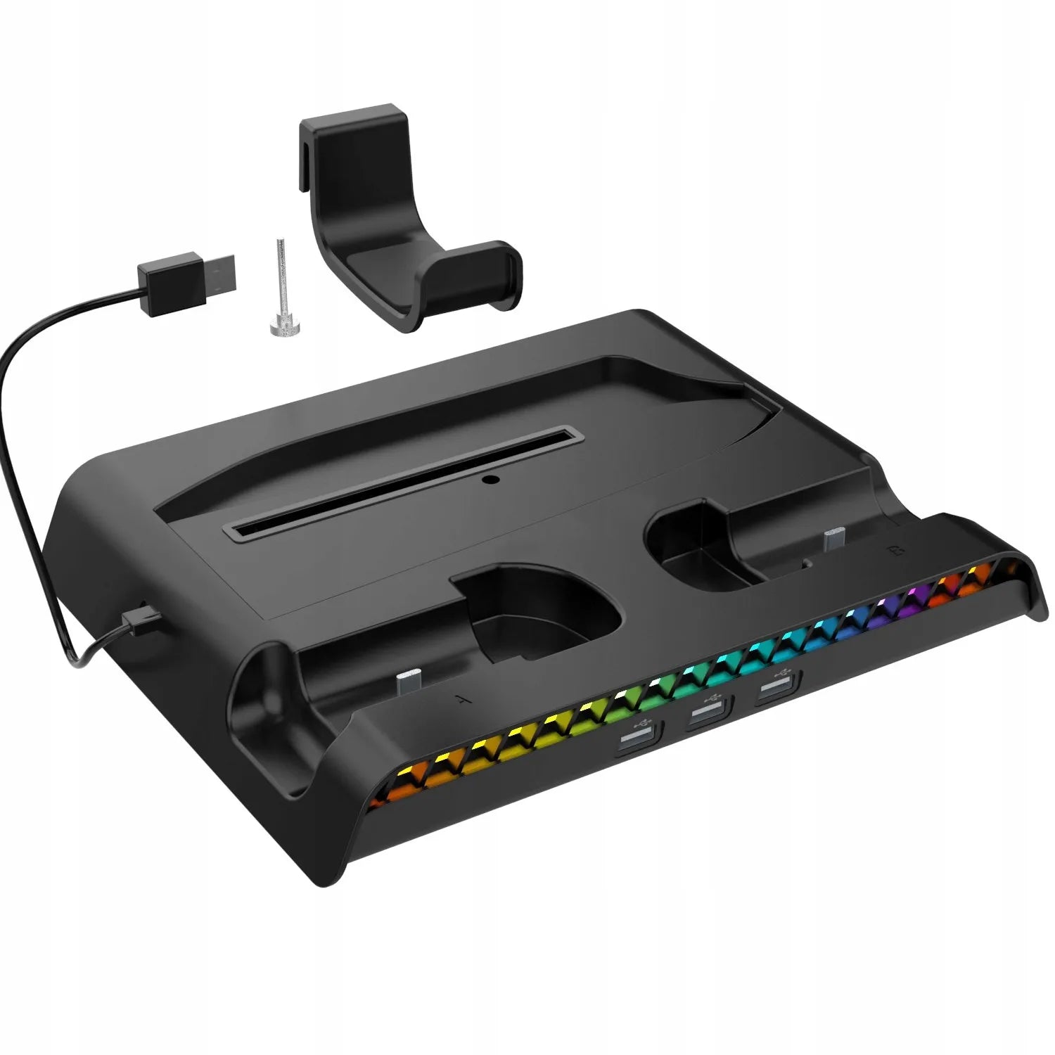 Aušinimo stotelė RGB stovas Sony PS5 Slim ausinėms ir pultelių įkrovimui