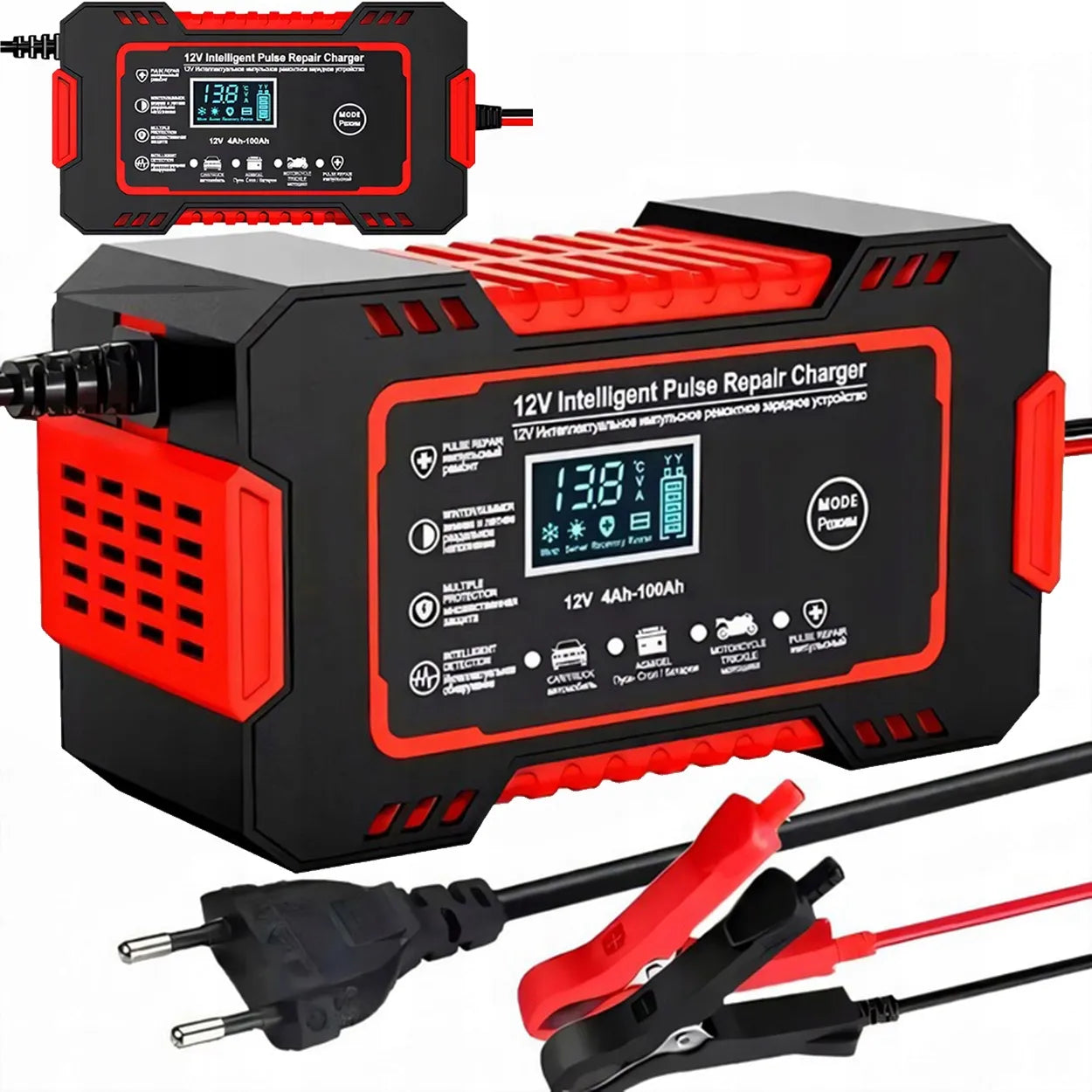 Automatinis automobilio akumuliatoriaus įkroviklis 12V 6A su remonto funkcija ir LCD ekranu