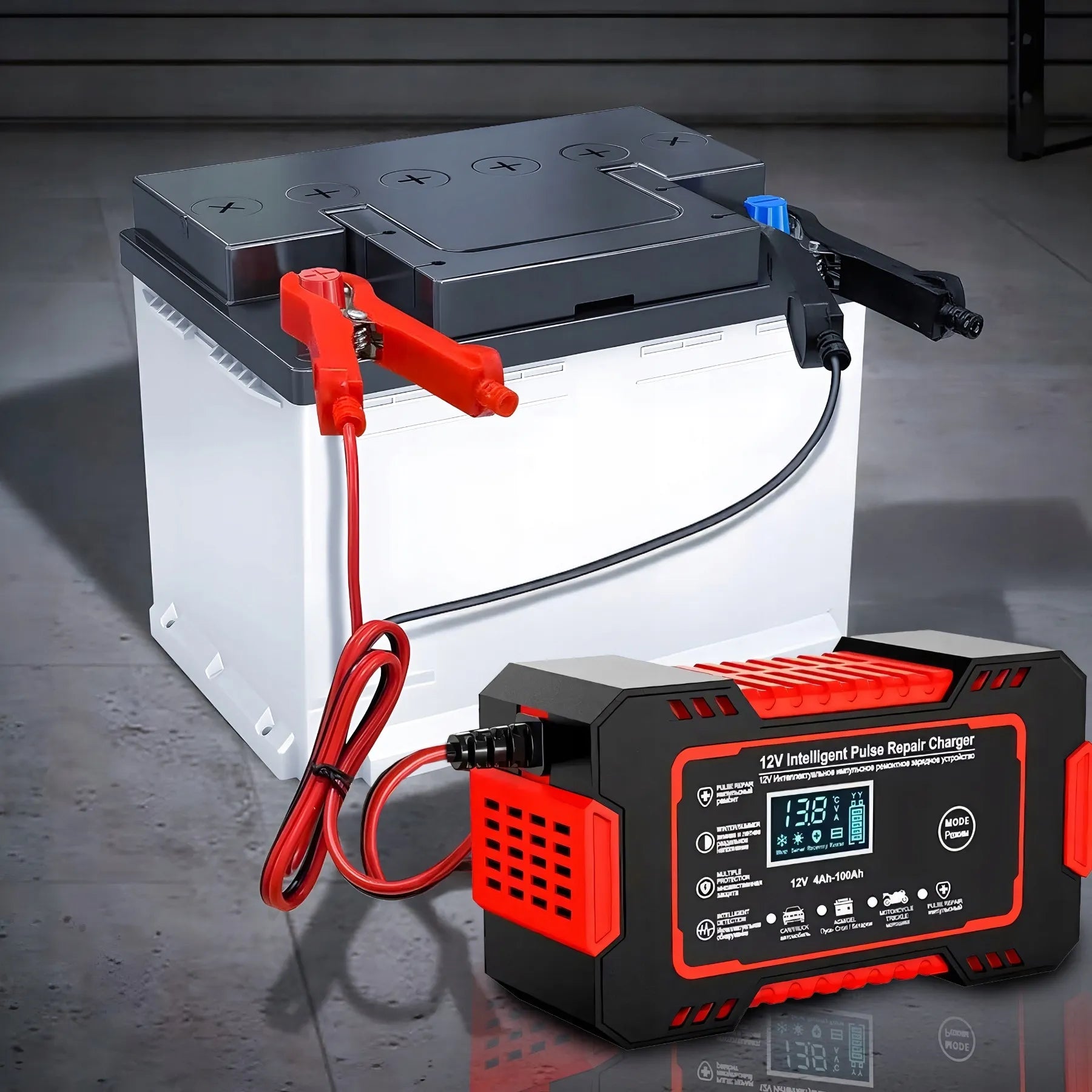 Automatinis automobilio akumuliatoriaus įkroviklis 12V 6A su remonto funkcija ir LCD ekranu
