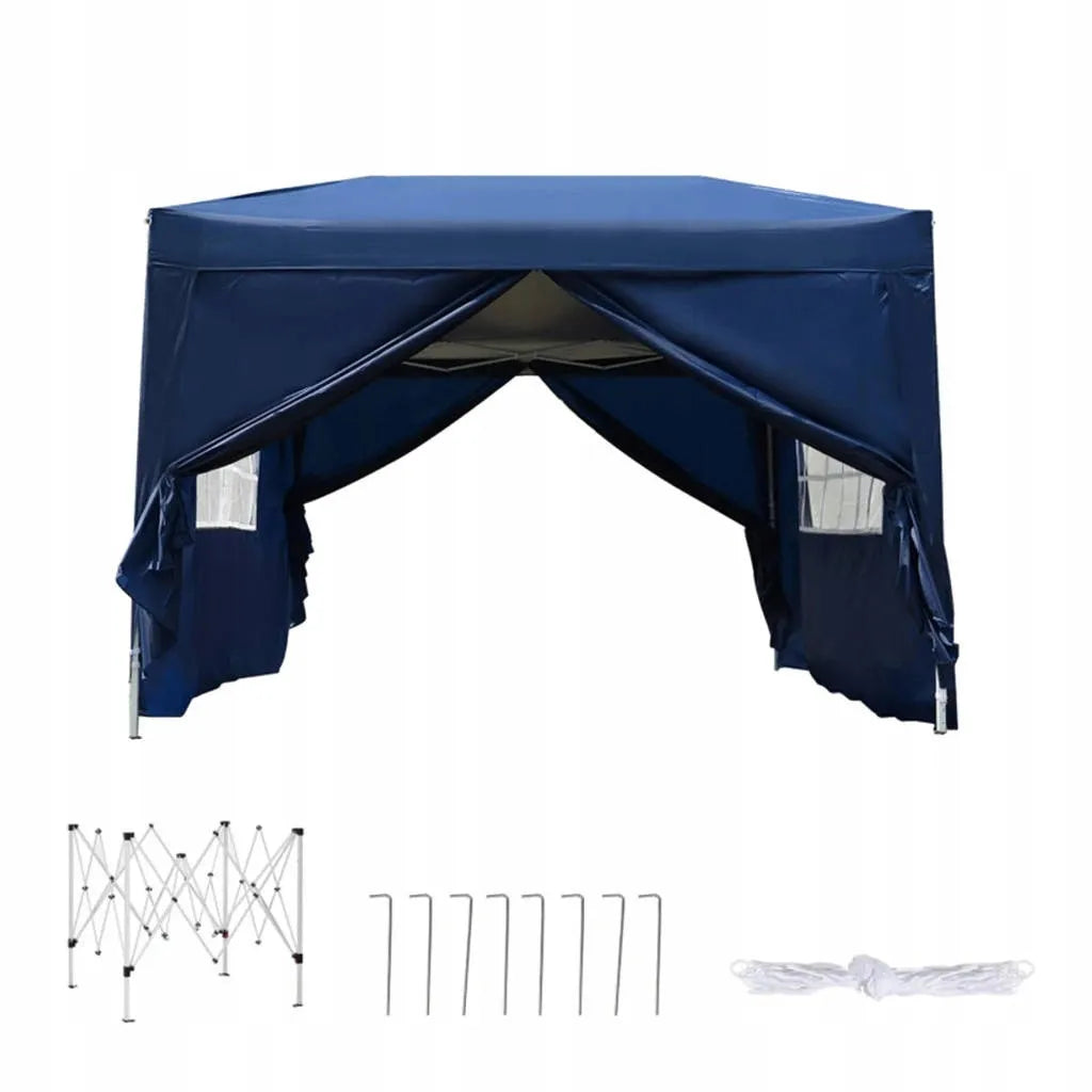 Automatinis mėlynas sodo paviljonas-palapinė 3 × 3 m su 4 sienomis
