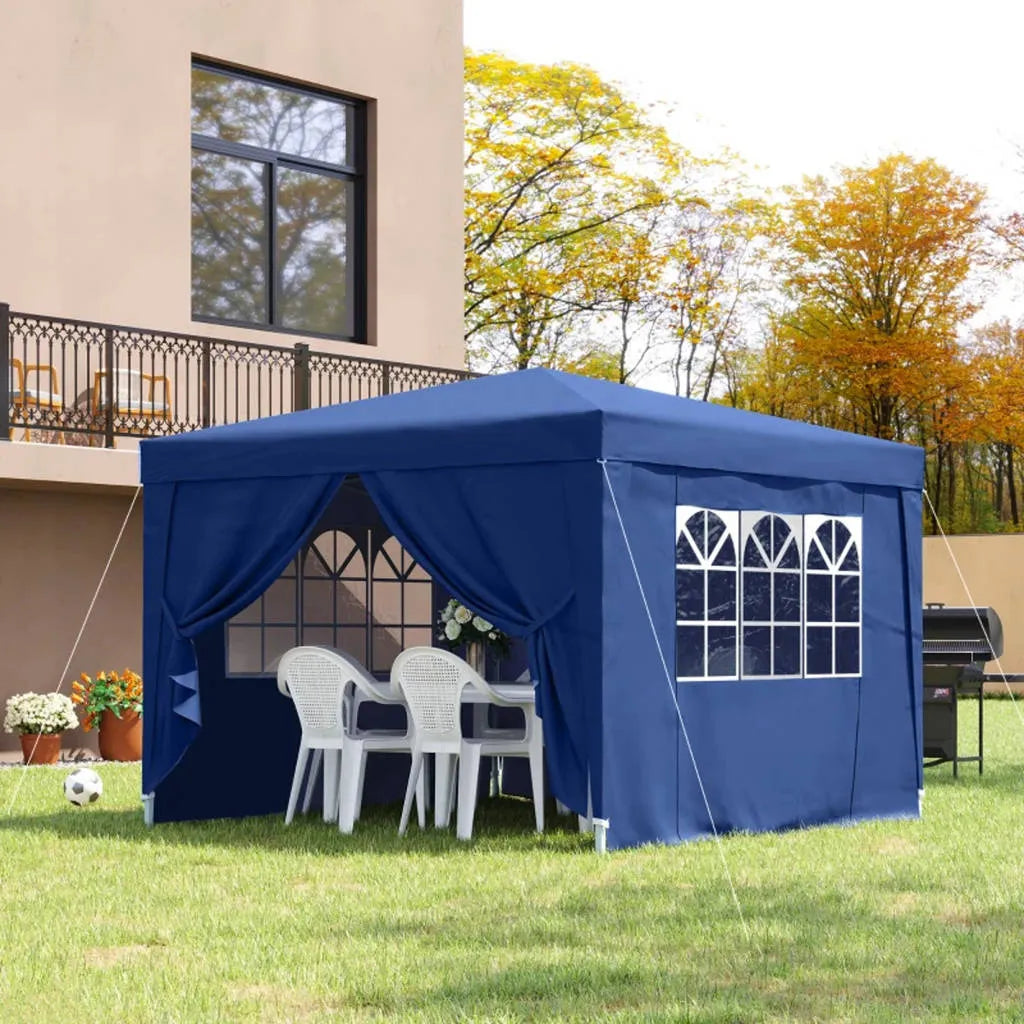 Automatinis mėlynas sodo paviljonas-palapinė 3 × 3 m su 4 sienomis