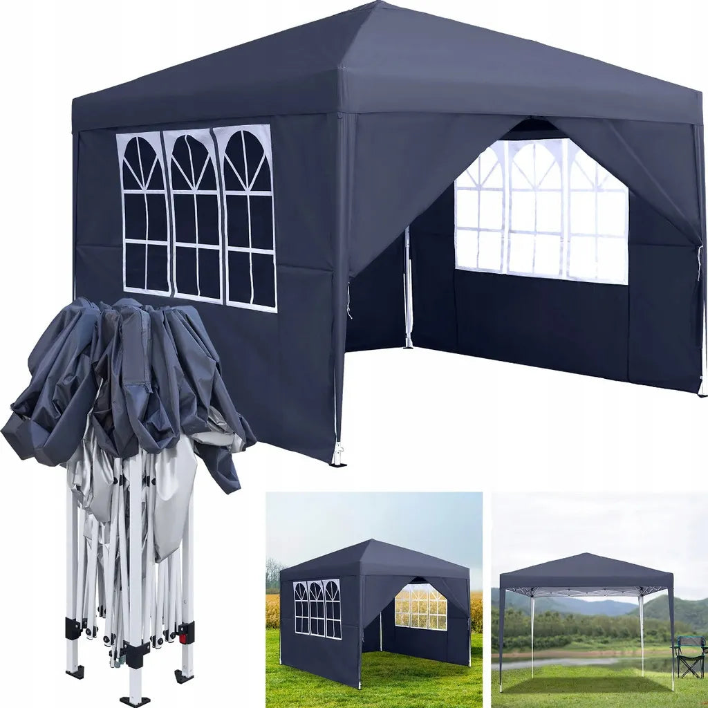Automatinis mėlynas sodo paviljonas-palapinė 3 × 3 m su 4 sienomis