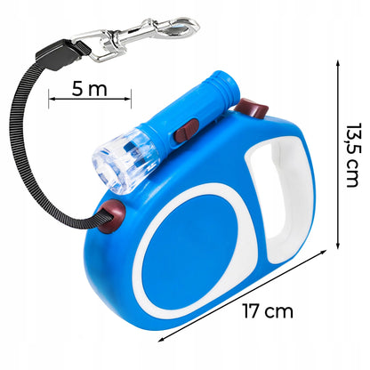 AUTOMATINIS PAVADĖLIS ŠUNIMS IR KATĖMS, TVIRTA 5 M JUOSTA, SU BLOKAVIMU, IKI 15 KG, LED ŽIBINTUVĖLIS