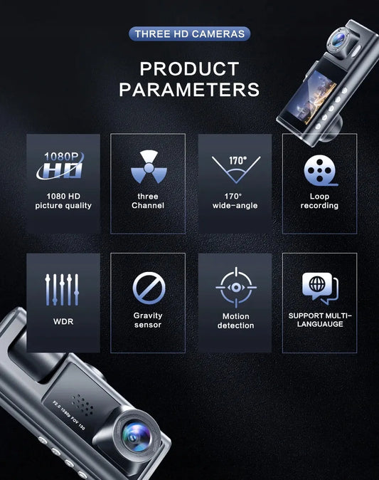 Automobilinė kamera 3 objektyvai 1080P naktinis matymas infraraudonaisiais spinduliais IPS 2"