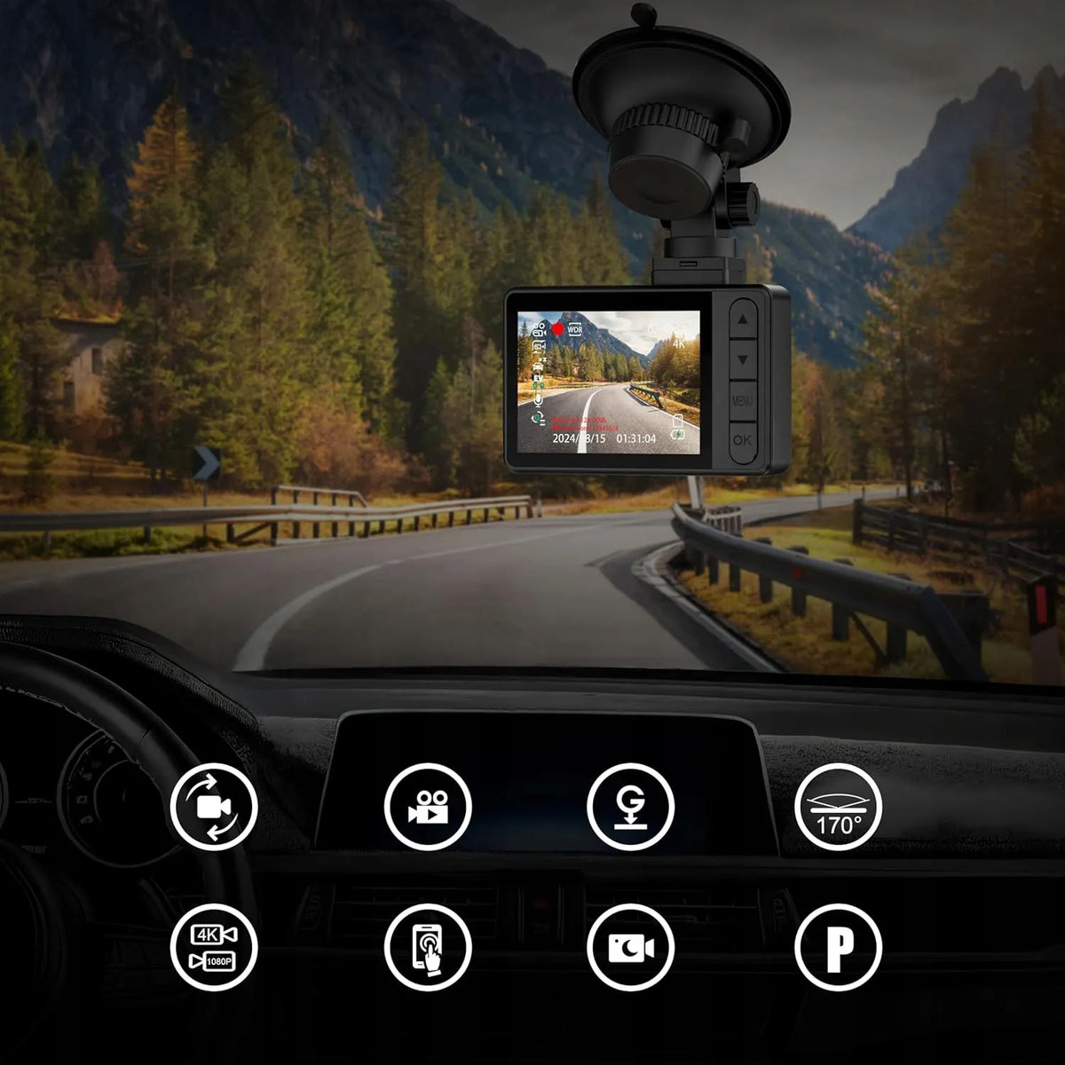 Automobilinė kamera Feegar Traffic 4K UHD vaizdo registratorius WiFi 170° + galinė kamera