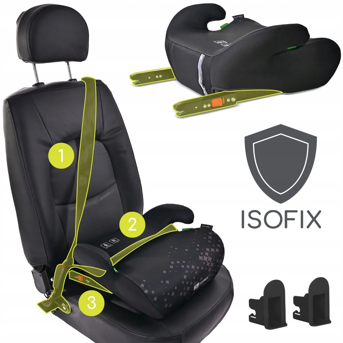 Automobilinė kėdutė-paaukštinimas Lorelli COSMOS, ISOFIX, i-Size, 125-150 cm, žalia
