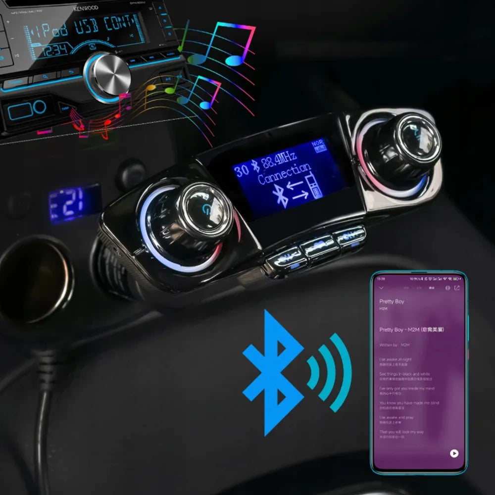 Automobilinis Bluetooth FM siųstuvas adapteris su 2USB įkrovikliu
