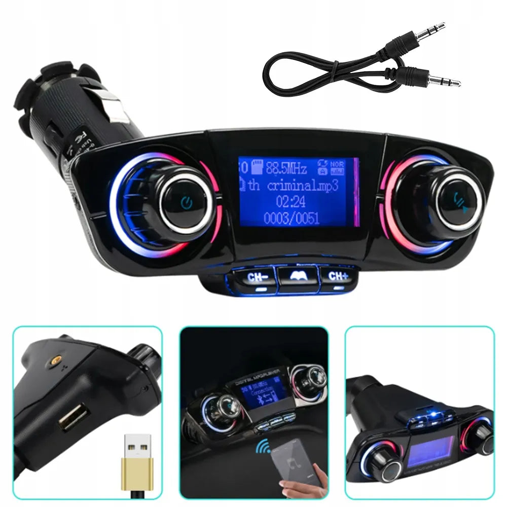 Automobilinis „Bluetooth FM“ siųstuvas, „AUX“, „BT“ įkroviklis su „USB“ ir voltmetru