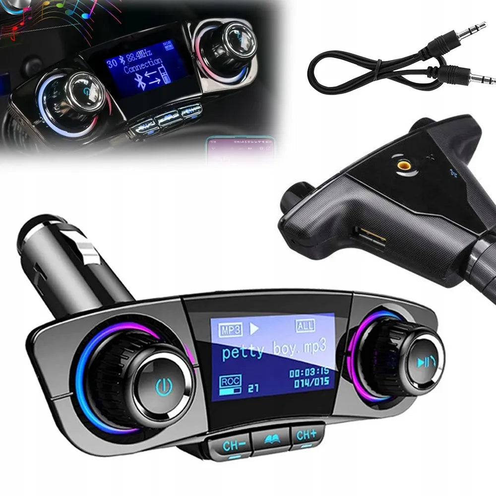 Automobilinis „Bluetooth FM“ siųstuvas, „AUX“, „BT“ įkroviklis su „USB“ ir voltmetru