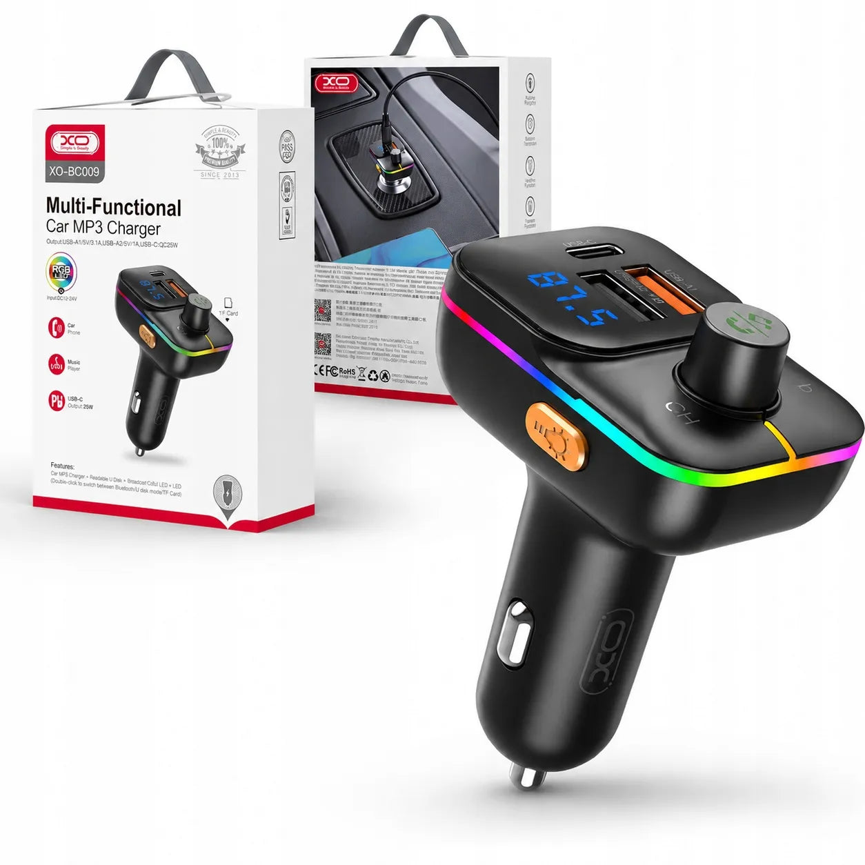 Automobilinis „Bluetooth FM“ siųstuvas MP3 grotuvas su 25W įkrovikliu XO BCC09 juodas