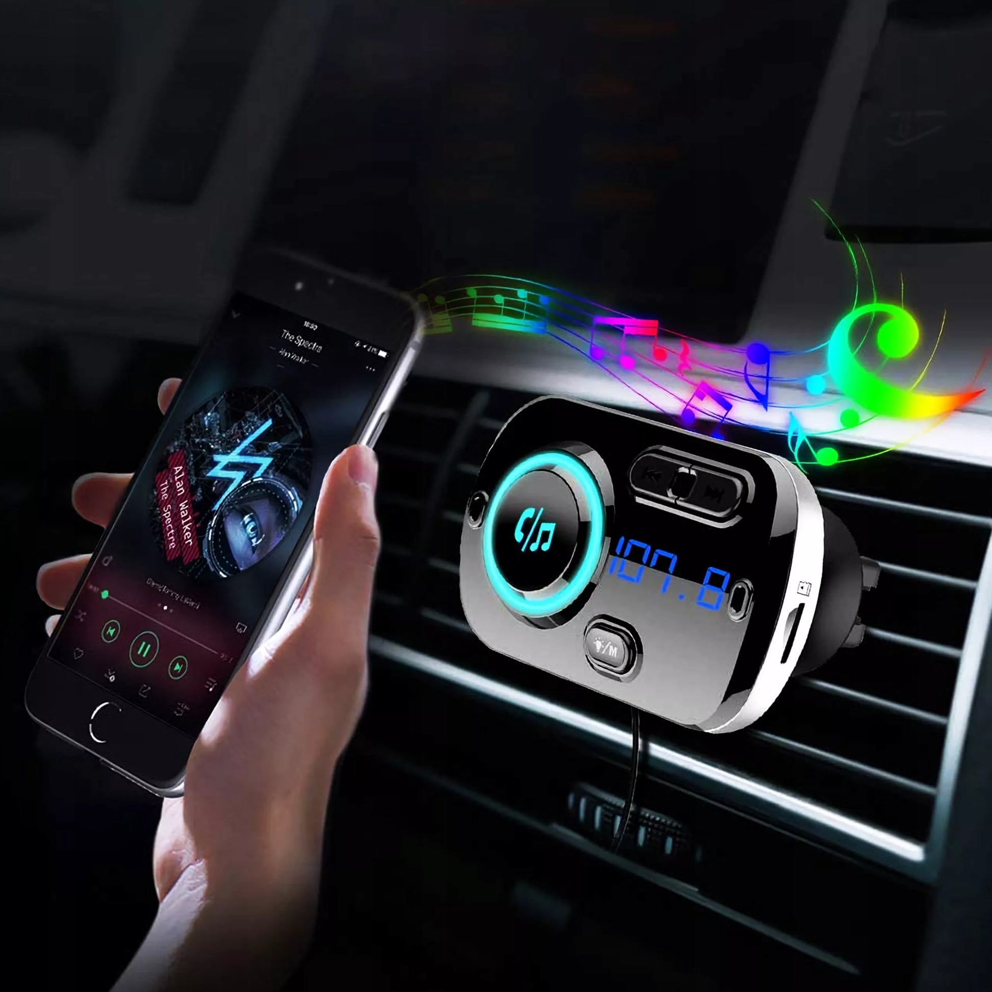 Automobilinis FM Bluetooth siųstuvas su 2X greitojo įkrovimo USB-C jungtimis, AUX ir skambučių funkcija