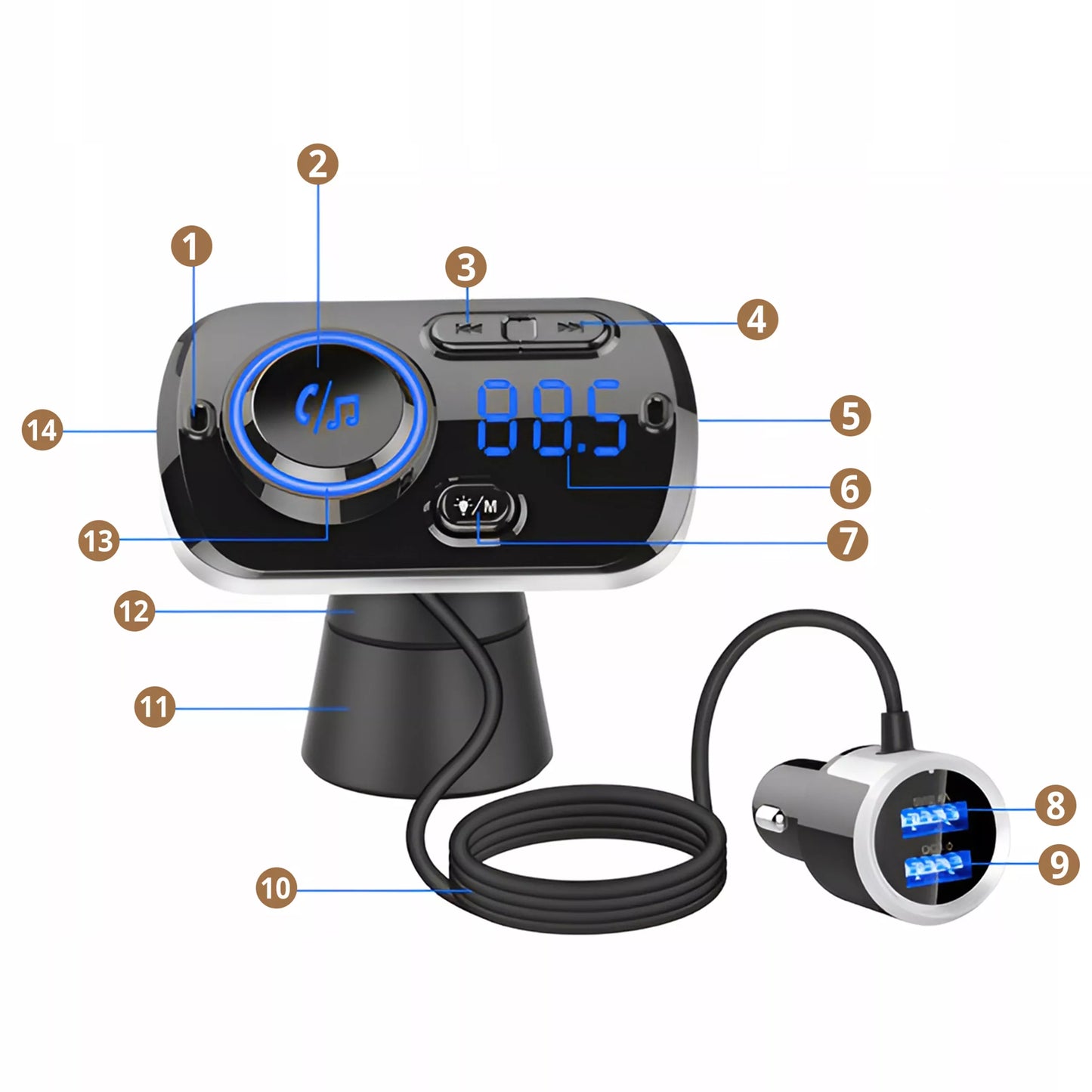Automobilinis FM Bluetooth siųstuvas su 2X greitojo įkrovimo USB-C jungtimis, AUX ir skambučių funkcija