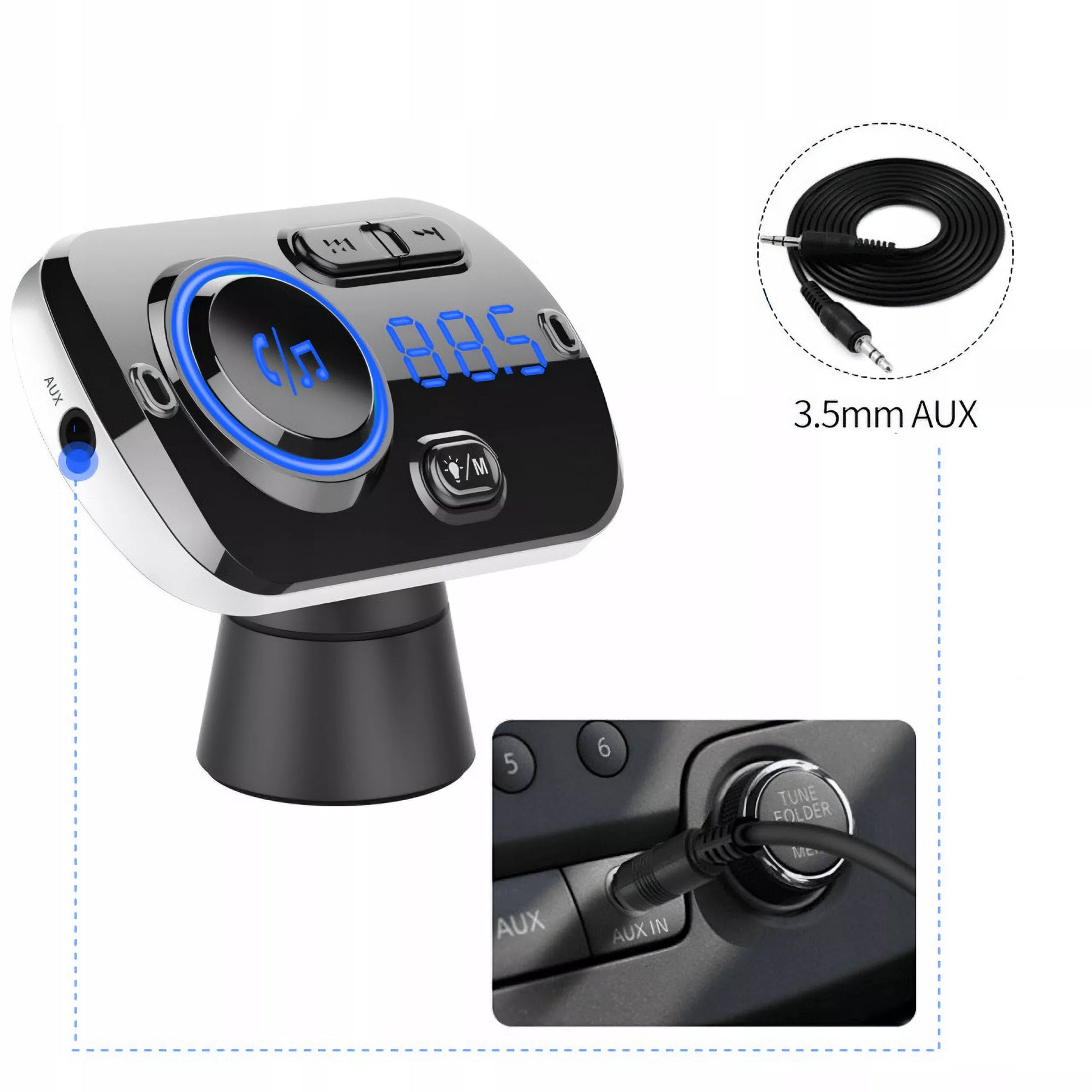 Automobilinis FM Bluetooth siųstuvas su 2X greitojo įkrovimo USB-C jungtimis, AUX ir skambučių funkcija