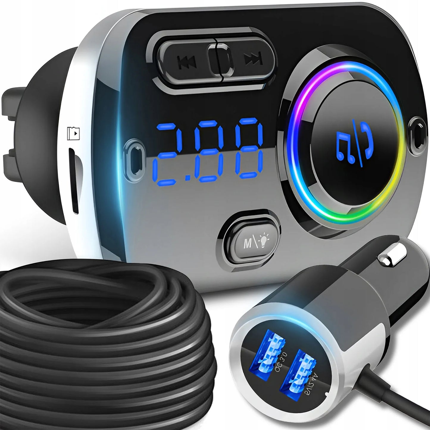 Automobilinis FM Bluetooth siųstuvas su 2X greitojo įkrovimo USB-C jungtimis, AUX ir skambučių funkcija