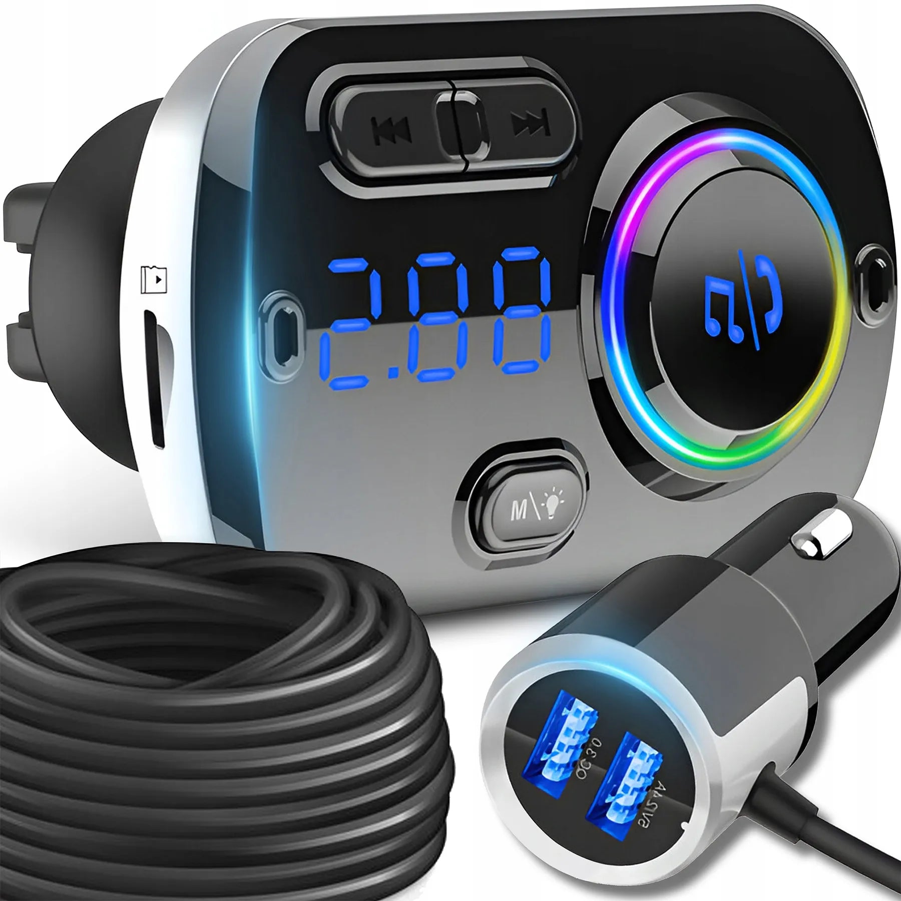 Automobilinis FM Bluetooth siųstuvas su 2X greitojo įkrovimo USB-C jungtimis, AUX ir skambučių funkcija