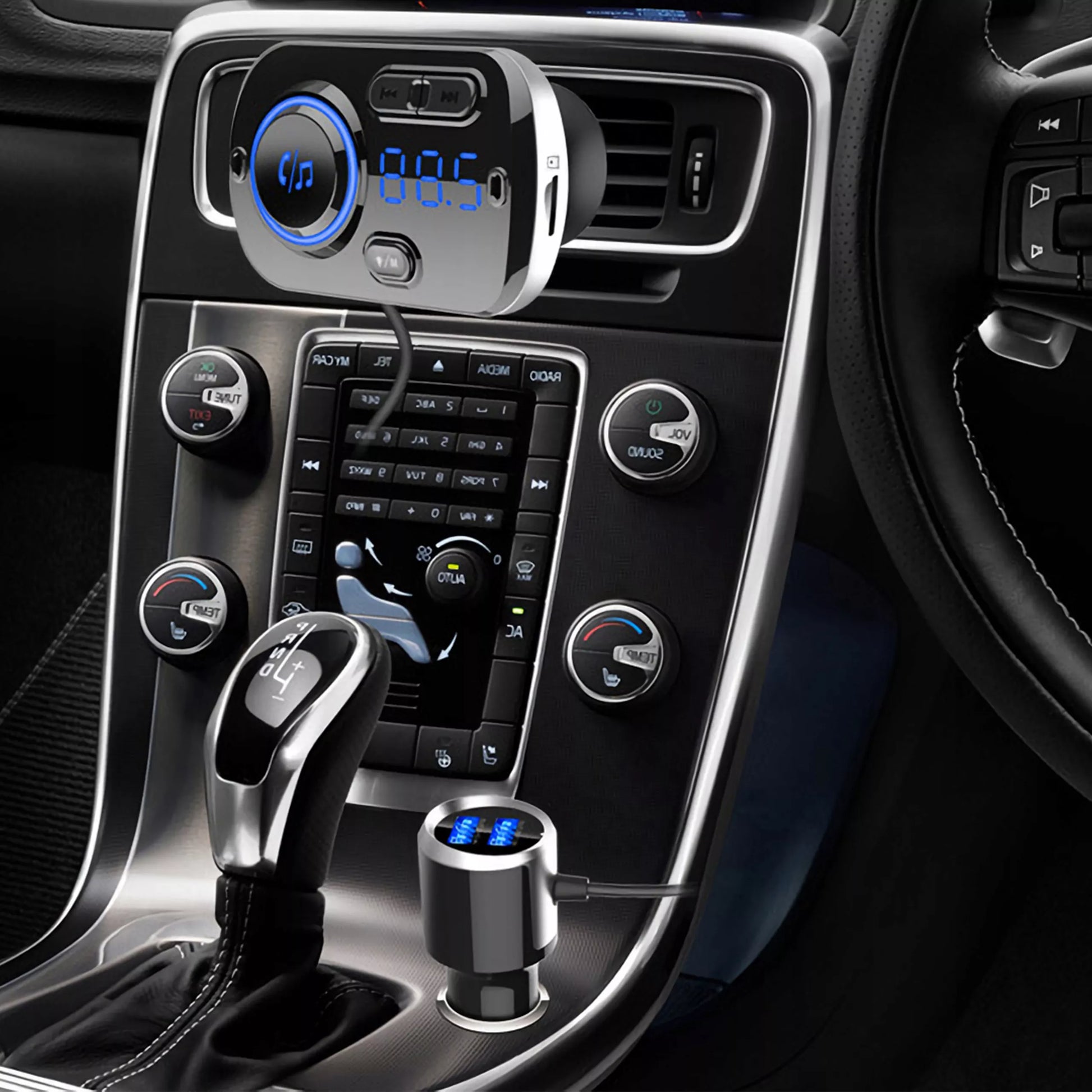 Automobilinis FM Bluetooth siųstuvas su 2X greitojo įkrovimo USB-C jungtimis, AUX ir skambučių funkcija