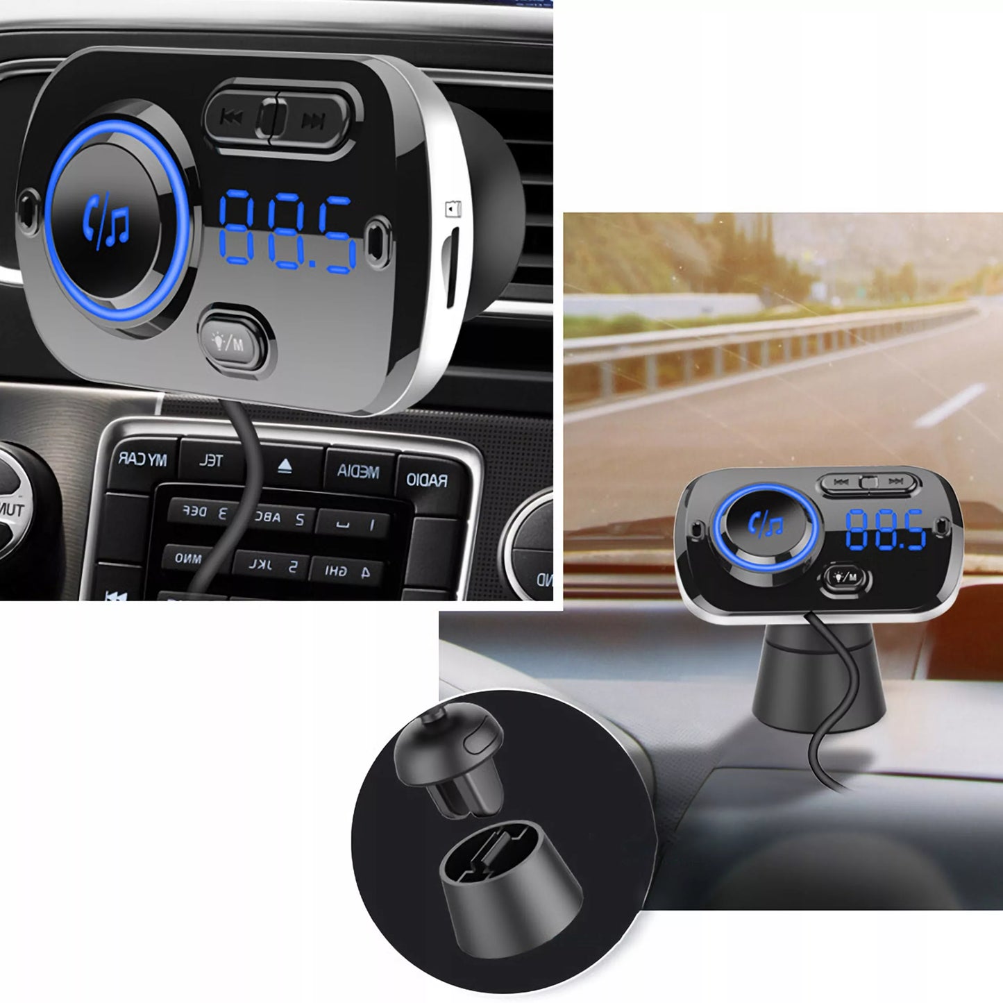 Automobilinis FM Bluetooth siųstuvas su 2X greitojo įkrovimo USB-C jungtimis, AUX ir skambučių funkcija