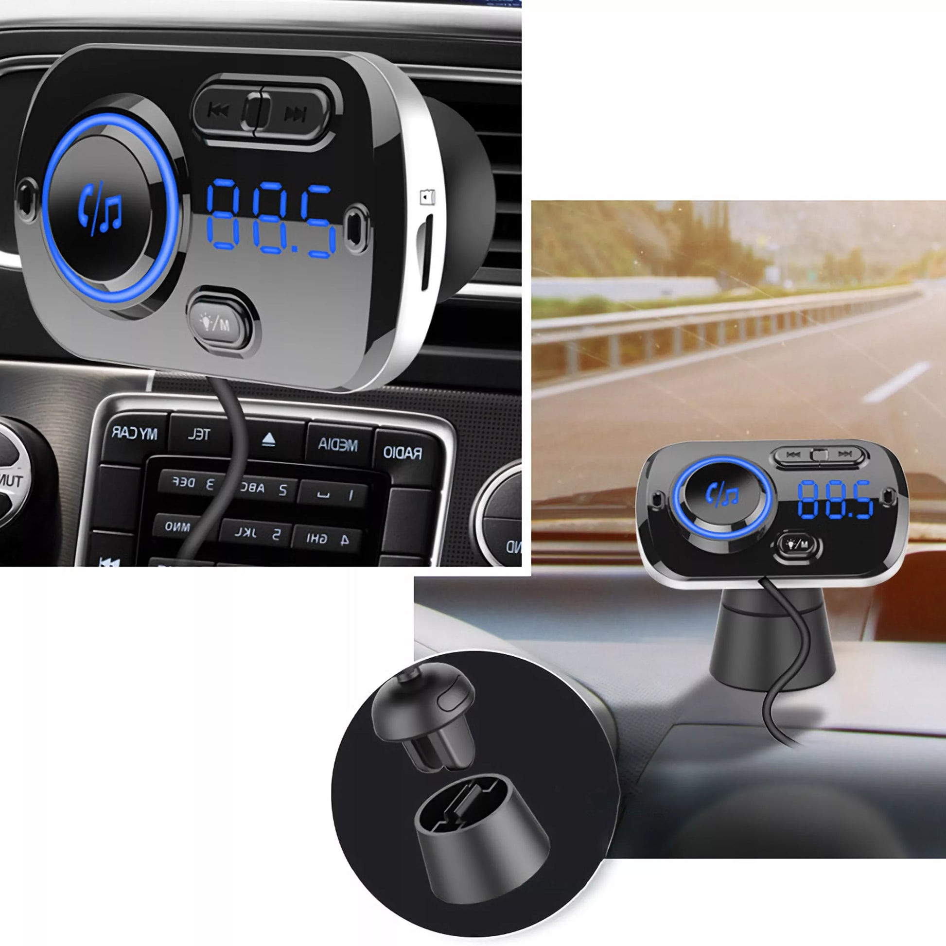 Automobilinis FM Bluetooth siųstuvas su 2X greitojo įkrovimo USB-C jungtimis, AUX ir skambučių funkcija
