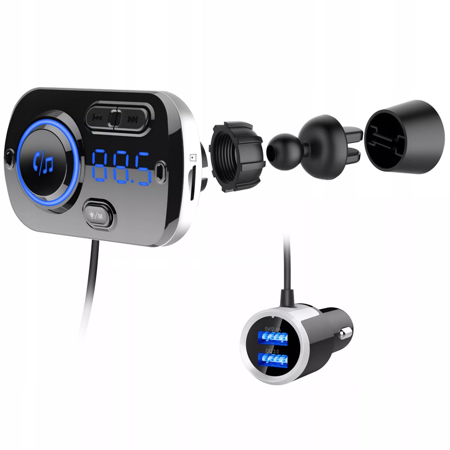 Automobilinis FM Bluetooth siųstuvas su 2X greitojo įkrovimo USB-C jungtimis, AUX ir skambučių funkcija