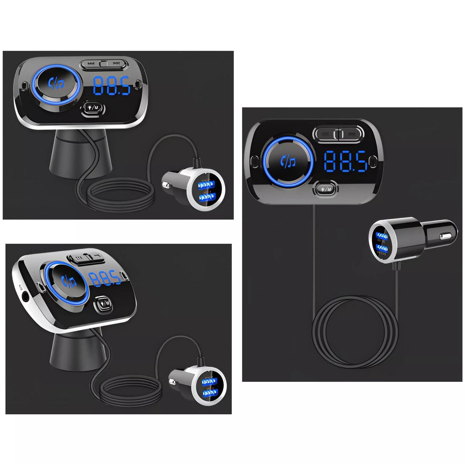 Automobilinis FM Bluetooth siųstuvas su 2X greitojo įkrovimo USB-C jungtimis, AUX ir skambučių funkcija
