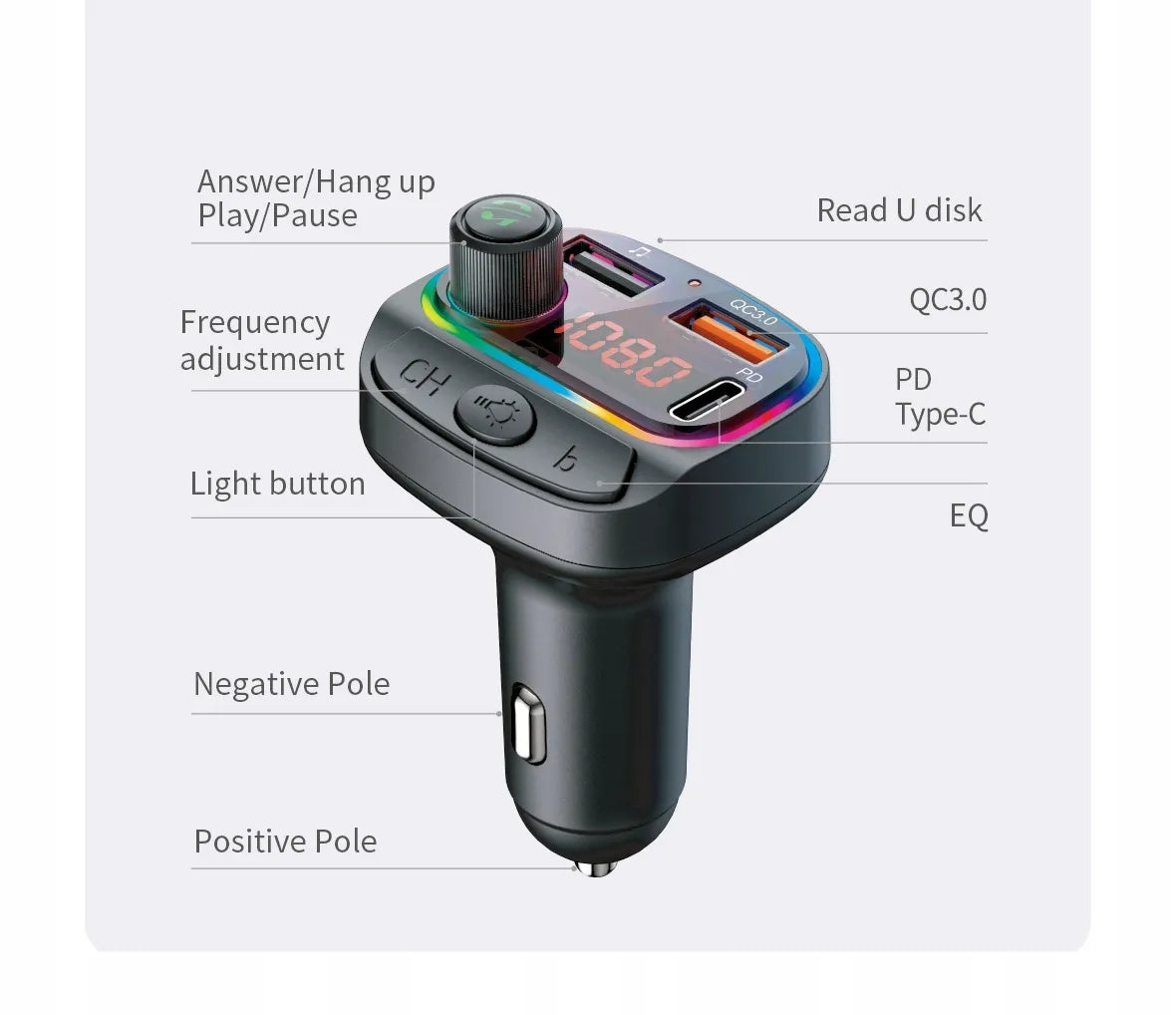 Automobilinis FM moduliatorius POWERON Transmiter FM C14 su Bluetooth, USB ir 3x USB krovikliu