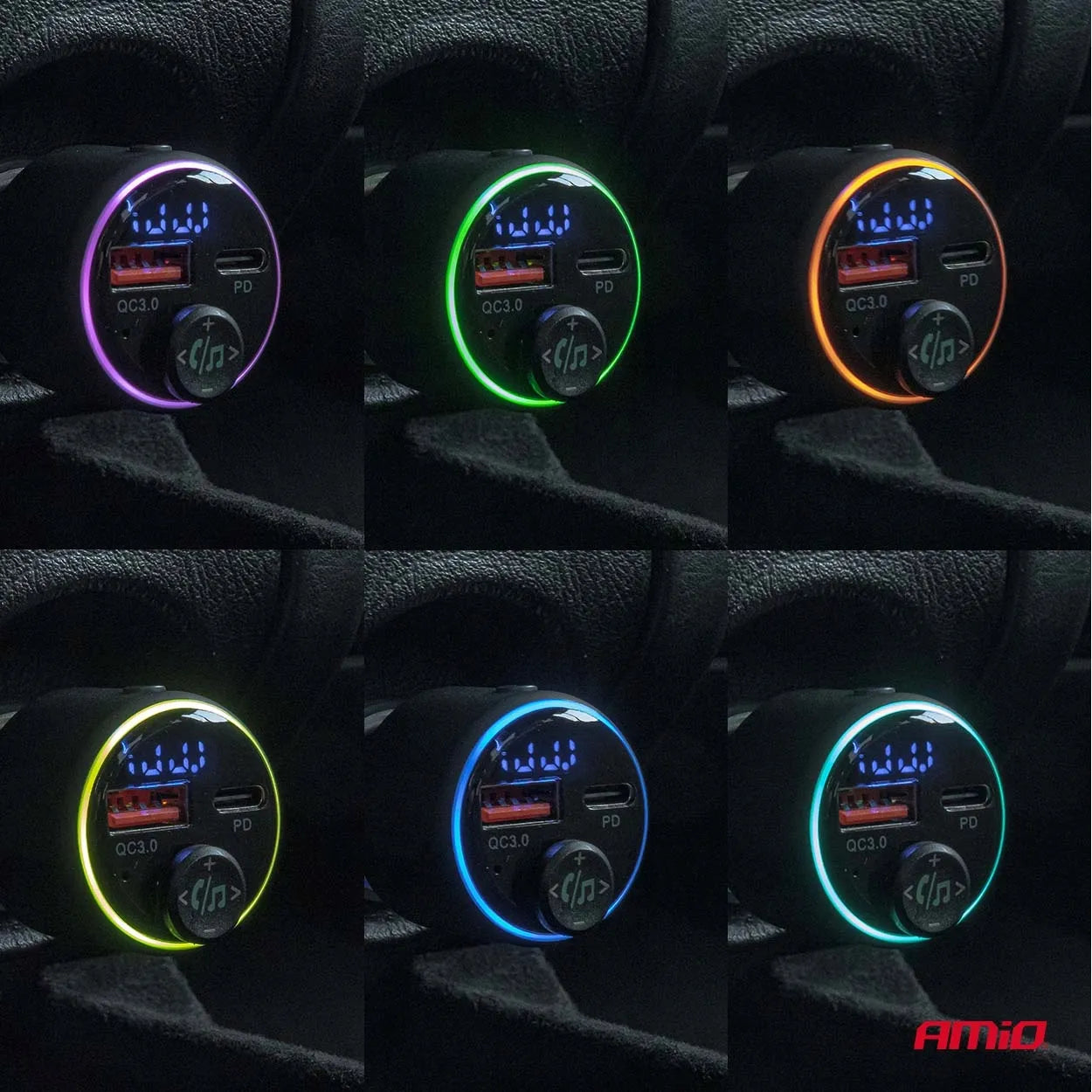 Automobilinis FM siųstuvas 1×USB-A 1×USB-C 12V 24V AMIO-04655