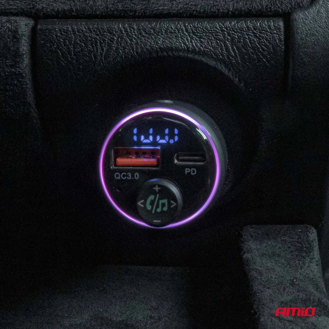 Automobilinis FM siųstuvas 1×USB-A 1×USB-C 12V 24V AMIO-04655