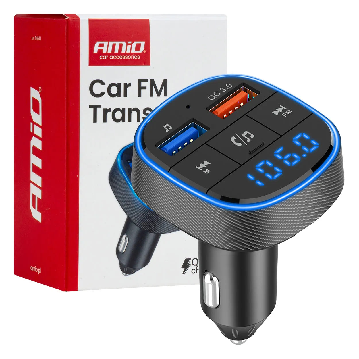 Automobilinis FM siųstuvas 2×USB-A 12V 24V AMIO-04648