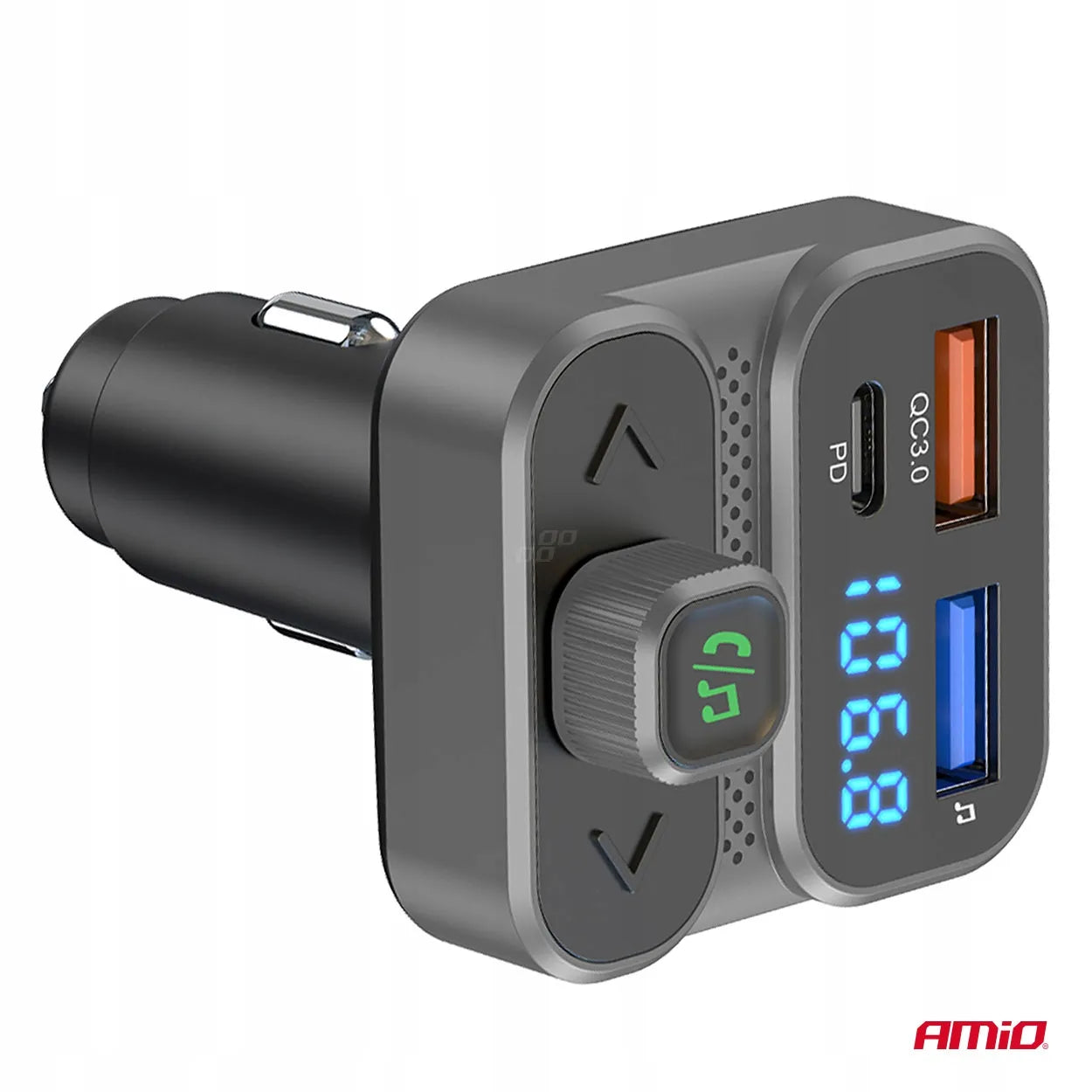 Automobilinis FM siųstuvas 2×USB-A 1×USB 12V 24V AMIO-04649