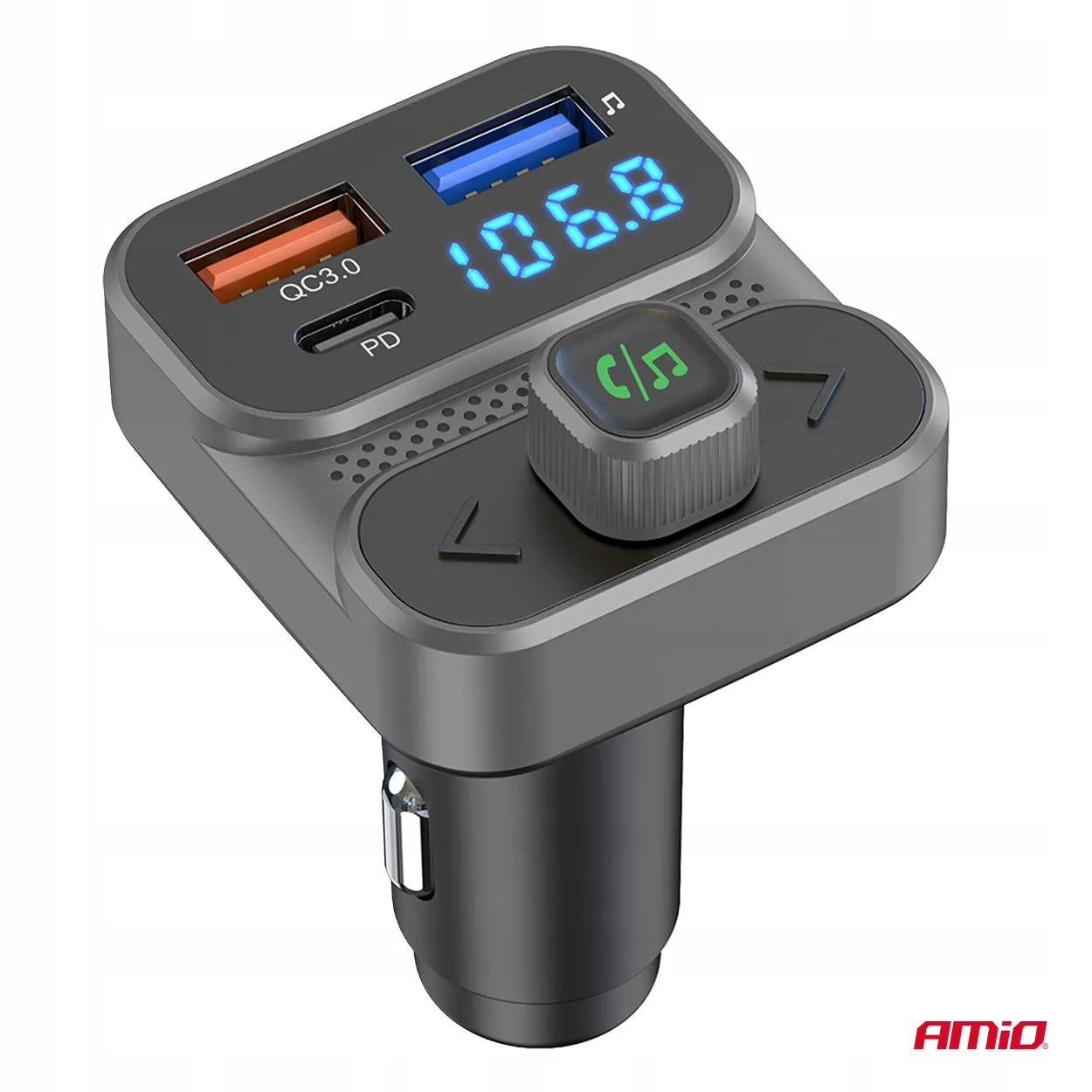 Automobilinis FM siųstuvas 2×USB-A 1×USB 12V 24V AMIO-04649