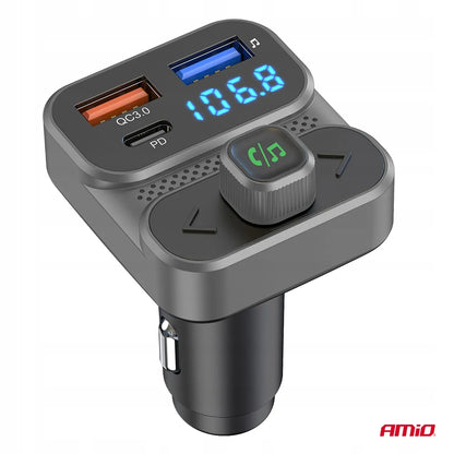 Automobilinis FM siųstuvas 2×USB-A 1×USB 12V 24V AMIO-04649