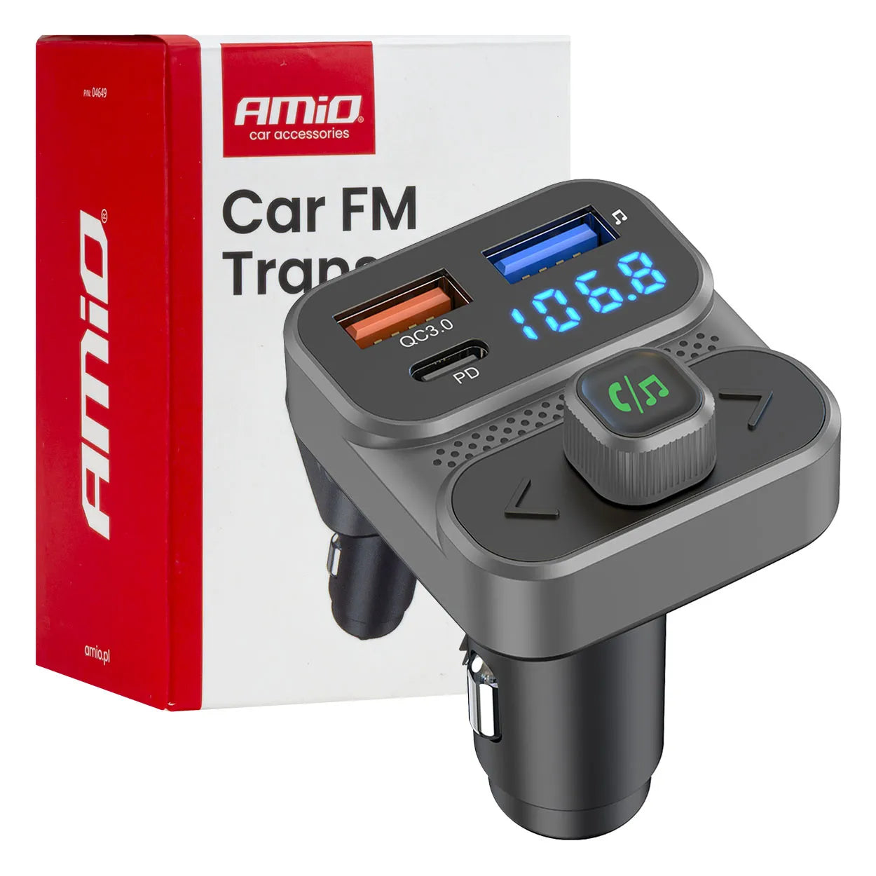Automobilinis FM siųstuvas 2×USB-A 1×USB 12V 24V AMIO-04649