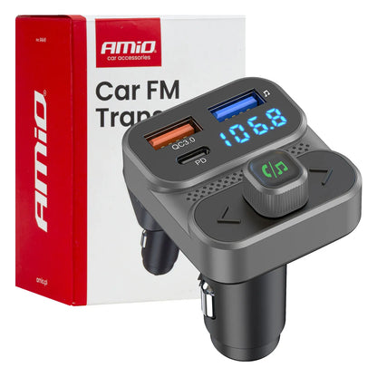Automobilinis FM siųstuvas 2×USB-A 1×USB 12V 24V AMIO-04649