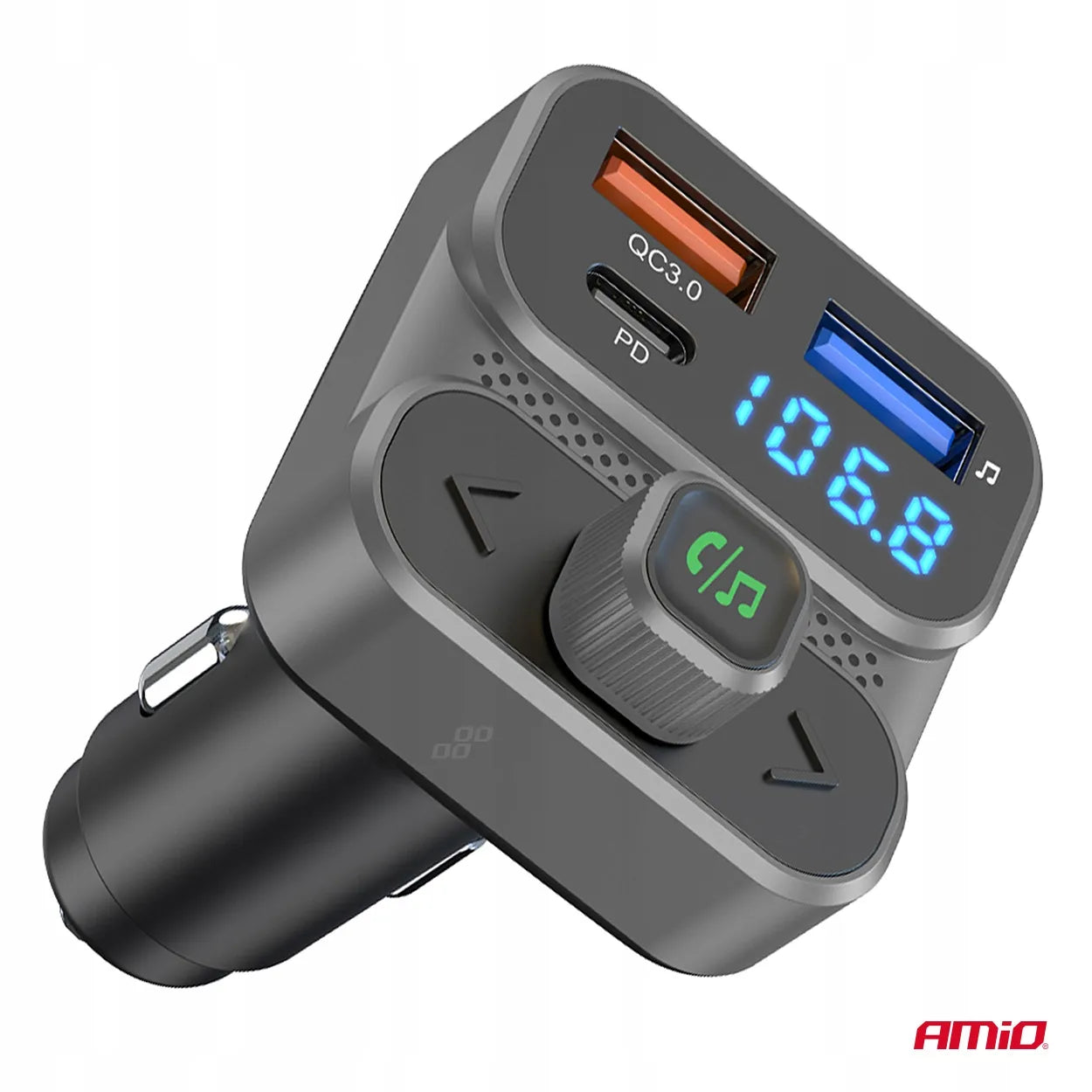 Automobilinis FM siųstuvas 2×USB-A 1×USB 12V 24V AMIO-04649