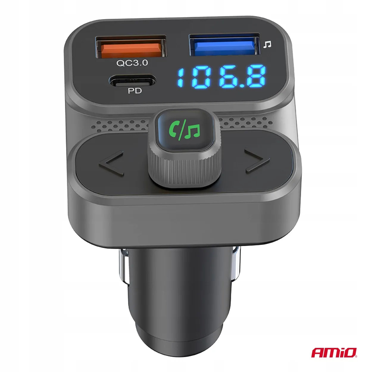 Automobilinis FM siųstuvas 2×USB-A 1×USB 12V 24V AMIO-04649