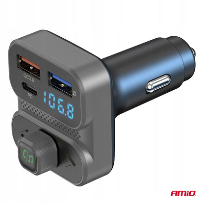Automobilinis FM siųstuvas 2×USB-A 1×USB 12V 24V AMIO-04649