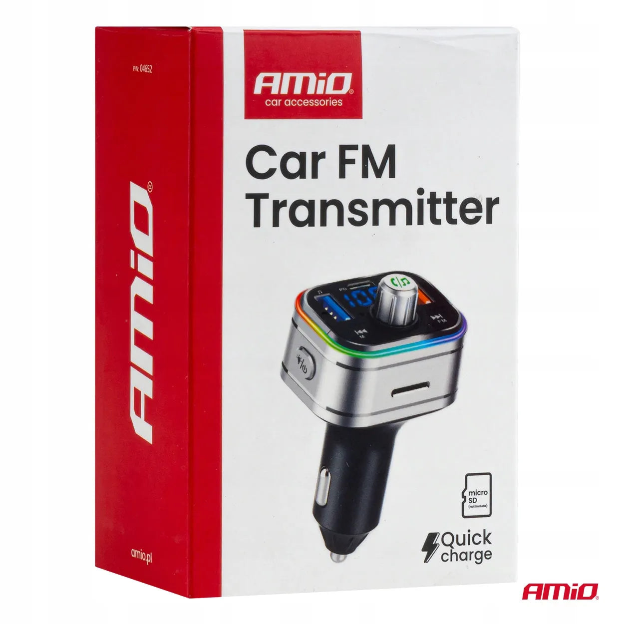 Automobilinis FM siųstuvas 2xUSB-A 1xUSB-C microSD 12V 24V AMIO-04652