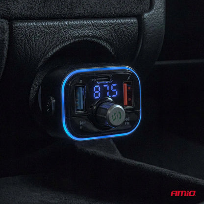 Automobilinis FM siųstuvas 2xUSB-A 1xUSB-C microSD 12V 24V AMIO-04652