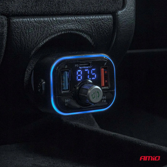 Automobilinis FM siųstuvas 2xUSB-A 1xUSB-C microSD 12V 24V AMIO-04652