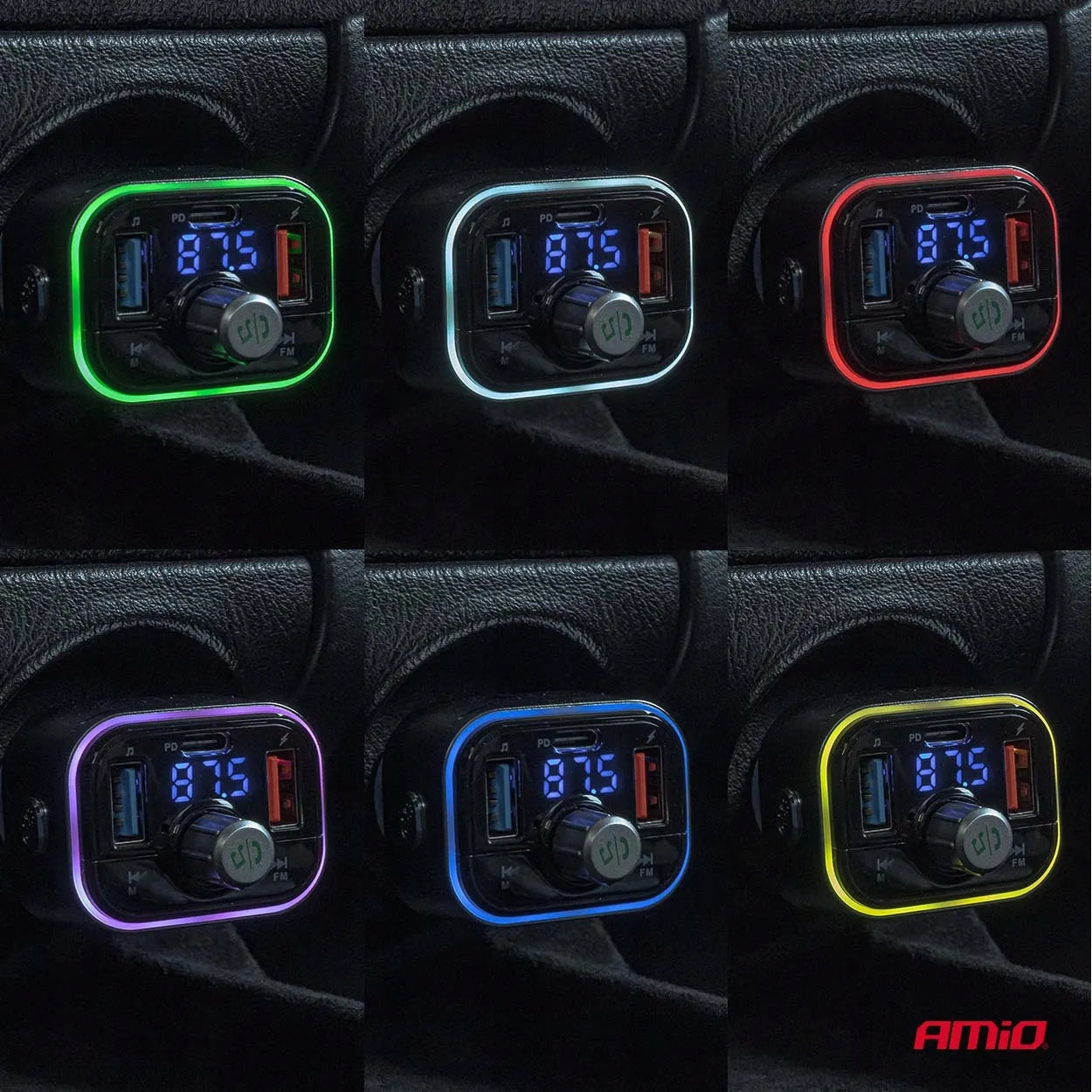Automobilinis FM siųstuvas 2xUSB-A 1xUSB-C microSD 12V 24V AMIO-04652
