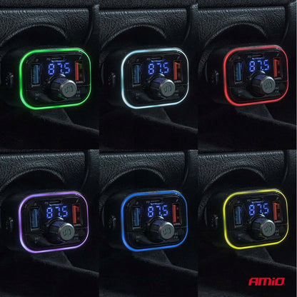 Automobilinis FM siųstuvas 2xUSB-A 1xUSB-C microSD 12V 24V AMIO-04652